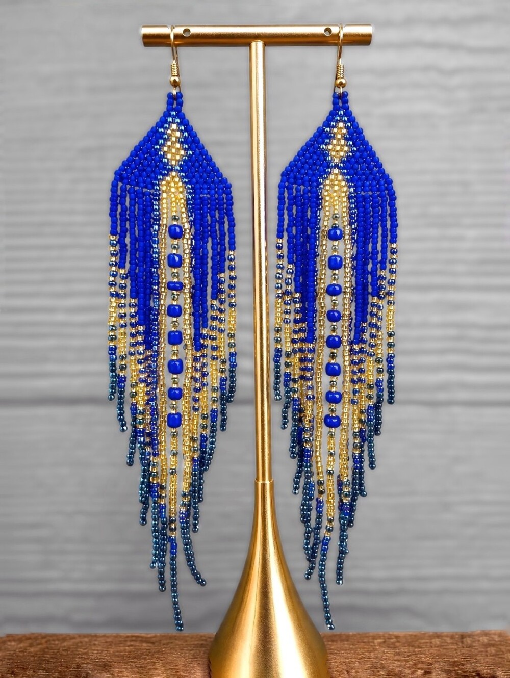 Cobalt Blue Boho Fringe Beaded Earrings Handmade Southwestern Seed Bead Jewelry